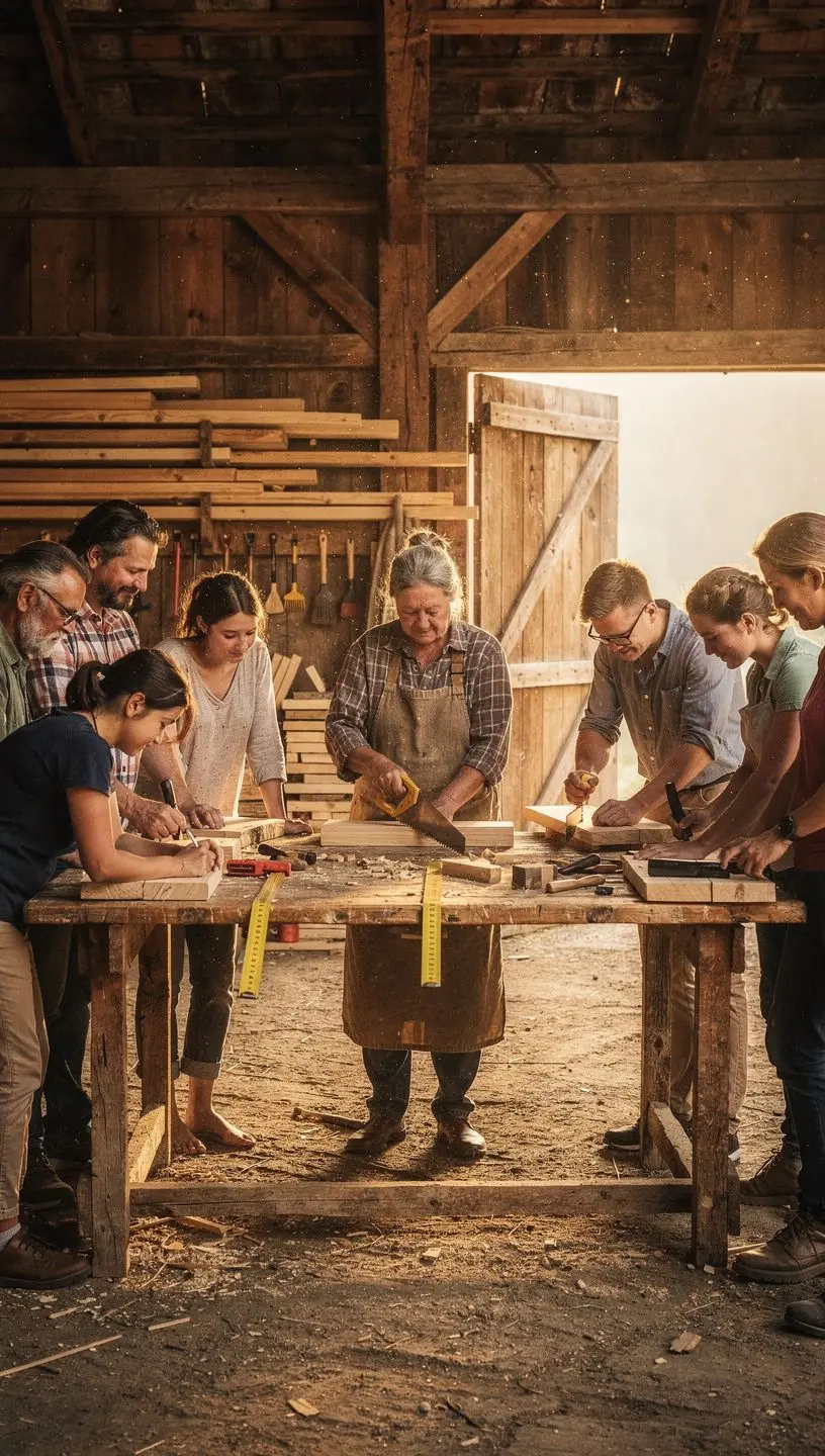 Ein Teilnehmer eines Kurses, der an einem Holzmöbel arbeitet und praktische Fertigkeiten erlernt.