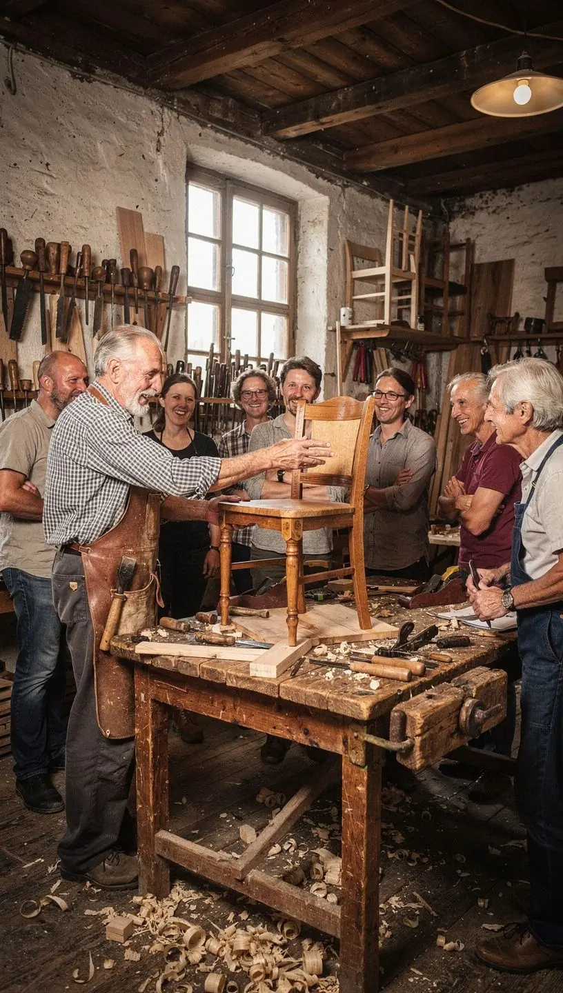 Ein Teilnehmer eines Kurses, der an einem Holzmöbel arbeitet und praktische Fertigkeiten erlernt.