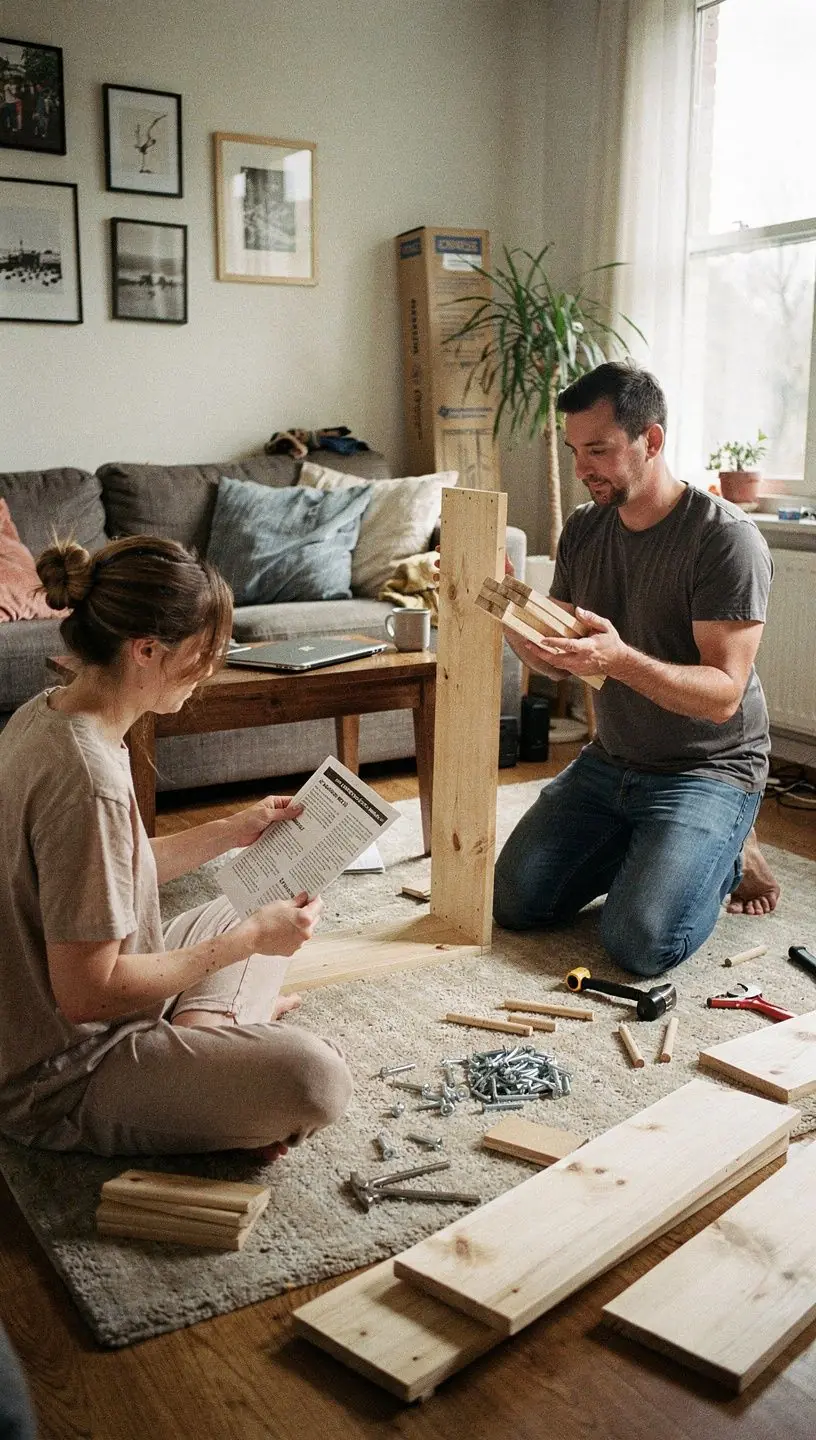 Ein Teilnehmer eines Kurses, der an einem Holzmöbel arbeitet und praktische Fertigkeiten erlernt.